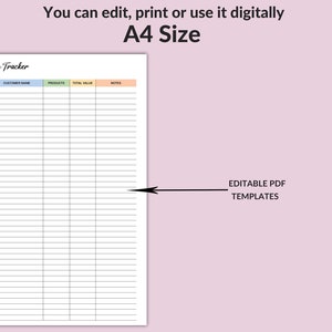 May include: A4 size Give-away Tracker template. The document includes fields for date, customer name, products, total value, and notes. The text "You can edit, print or use it digitally" is at the top. The words "Editable PDF Templates" are also visible.