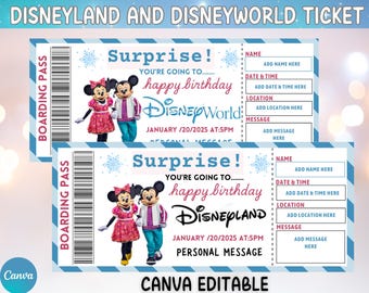 Disneyland And Disneyworld Ticket,Surprise Reveal Editable Ticket, Surprise Ticket Gift,Theme Park Ticket,Instant Download,Canva Editable