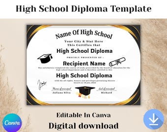 Editable High School Certificate Template, Homeschool Diploma, Certificate Award, Custom High School, Digital Download, Editable Template,