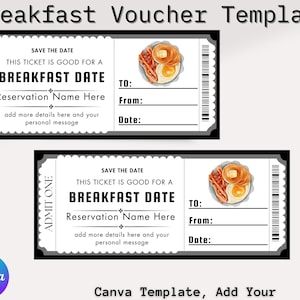 Breakfast Voucher Template, Breakfast Invite, Surprise Breakfast, Breakfast Ticket, Breakfast Gift, Dinner Voucher, Digital Download