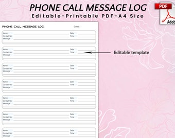 Editable and Printable Phone Message Log, Phone Call Message Log, conversation record, Communication Log