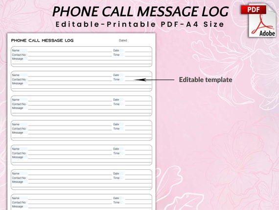 Editable and Printable Phone Message Log, Phone Call Message Log 