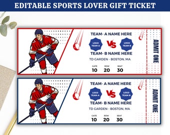 Printable Hockey Game Surprise Ticket, Hockey Game Ticket, Sports Lover Gift, Editable Hockey Ticket, Canva Editable, Instant Download