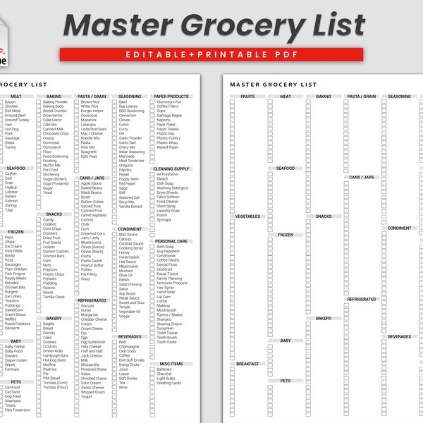 Editable and Printable Master Grocery List, Online shopping list, Master Shopping list, Digital Grocery Shopping list, Weekly Meal Planner