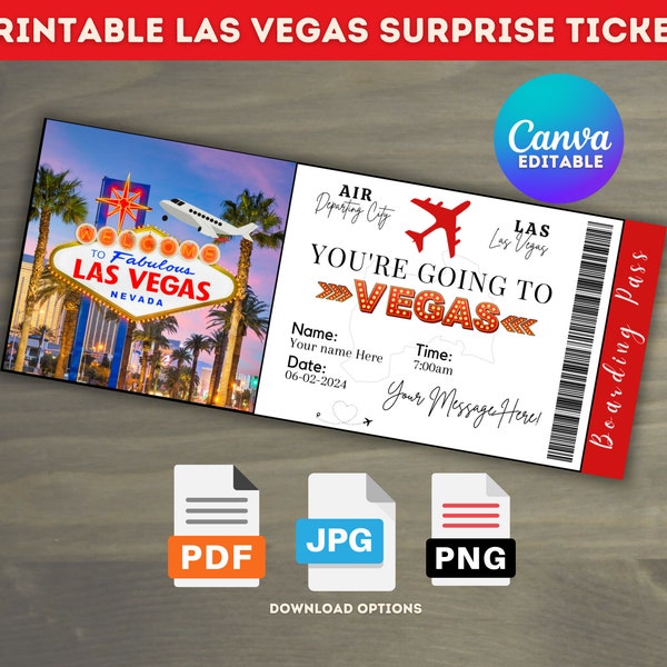 Plantilla de boleto editable de Canva para Las Vegas, boleto de viaje sorpresa personalizado, plantilla de boleto imprimible, boleto de vacaciones, boleto de regalo Pdf