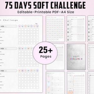 May include: A printable 75-day soft challenge planner with 25+ pages. The planner includes weekly sections with checkboxes for following a meal plan, completing a 45-minute workout, drinking 1 liter of water, taking a progress picture, and reading 5 pages. The planner also includes sections for meal planning, reading lists, and workout plans.