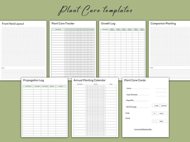 May include: Printable plant care templates for tracking plant growth, propagation, and companion planting. Includes a front yard layout, plant care tracker, growth log, propagation log, annual planting calendar, and plant care cards.