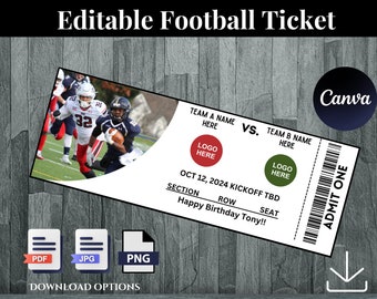 Editable Football Ticket, Football Ticket Gift, Sport Tickets, Football Birthday Ticket, Sports Ticket Template, Sports Lover Gift
