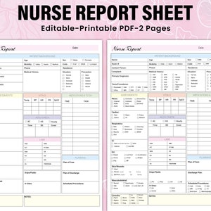 May include: A printable nurse report sheet with two pages. The sheet is divided into sections for patient background, assessments, vitals, medications and to-do, and planning. The sheet is designed to be used by nurses to document patient care.
