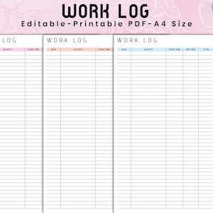 Editable Work Log, Work Day Planner, Task Log, Work Time, Working Hours Log, Working Hours, Project Time, Activity Tracker, Time Spent