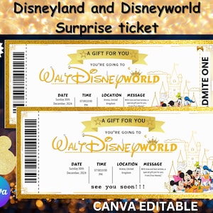 Benutzerdefinierte Disneyland Ticket, Disneyland Reise Geschenkkarte, Überraschung Disneyland Karte, Disney World Karte, sofortiger Download, Canva Vorlage