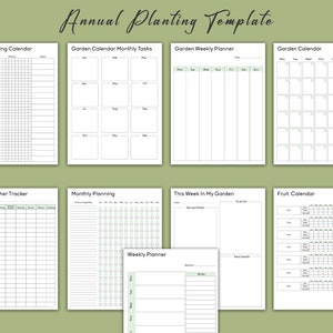 May include: A printable garden planning template with eight different sections: Annual Planting Calendar, Garden Calendar Monthly Tasks, Garden Weekly Planner, Garden Calendar, Weekly Weather Tracker, Monthly Planning, This Week In My Garden, and Fruit Calendar. Each section has a grid layout with lines and boxes for writing.