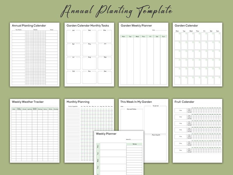 May include: A printable garden planning template with eight different sections: Annual Planting Calendar, Garden Calendar Monthly Tasks, Garden Weekly Planner, Garden Calendar, Weekly Weather Tracker, Monthly Planning, This Week In My Garden, and Fruit Calendar. Each section has a grid layout with lines and boxes for writing.