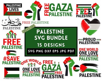 May include: A digital download bundle of 15 Palestine-themed SVG designs. The designs feature the Palestinian flag, the words "Free Palestine", "Gaza", and "One World One Love One Palestine", and other slogans. The designs are perfect for creating t-shirts, mugs, stickers, and other crafts.