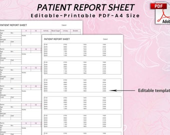 Editable and Printable Patient Report Sheet, Patient Record