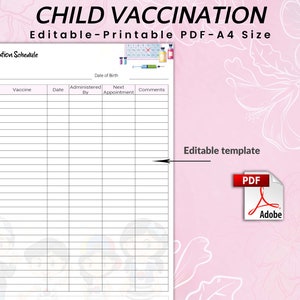 Pode incluir: Um calendário de vacinação infantil imprimível em formato PDF. O calendário inclui uma tabela com colunas para a idade, a vacina, a data, administrado por, próxima consulta e comentários. O documento é projetado para papel de tamanho A4.