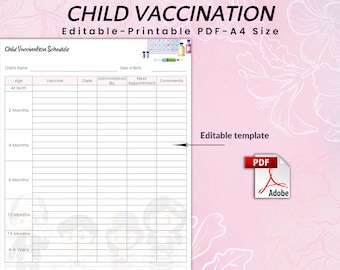 Editable Child Vaccination Record Tracker, Vaccine Log, Immunization Schedule, Immunization Schedule Baby, Vaccine Chart for Baby
