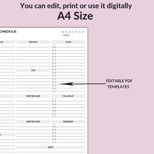 May include: A black and white printable A4 size office schedule template with sections for schedule, project, to do, call, meeting (AM), follow up, email, meeting (PM), reminder, and note.