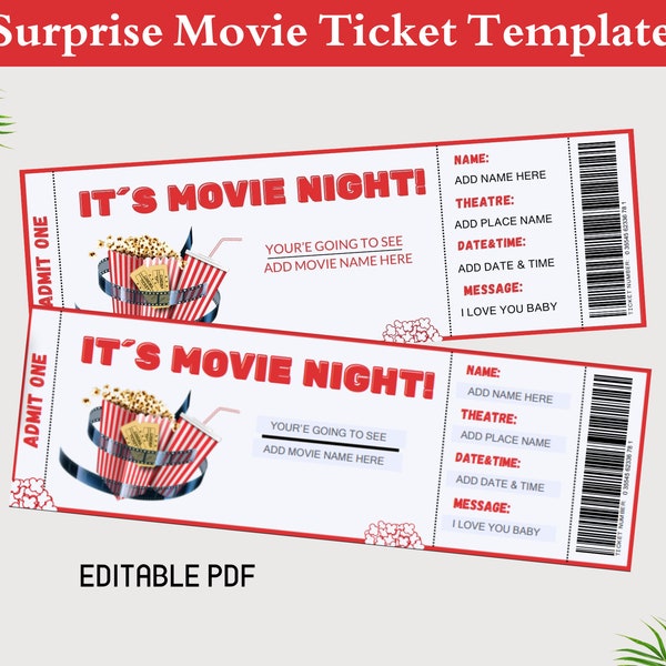 Printable Movie Night Surprise Ticket, Movie Ticket, Gift Ticket, Editable Theatre Ticket, Musical Ticket, Digital Download
