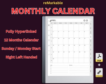 reMarkable Monthly Calendar 2023-2024, reMarkable Template, reMarkable 2 Calendar, reMarkable Templates, Instant Download