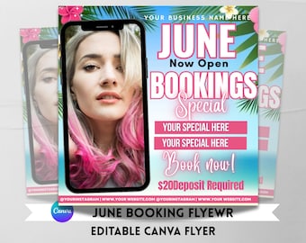 Flyer de reservas de junho, Flyer de junho, Flyer de reserva agora, Flyer de agendamento de junho, Post de cílios postados no Instagram, Cabelo, Unhas, Flyer de reservas editável do Canva