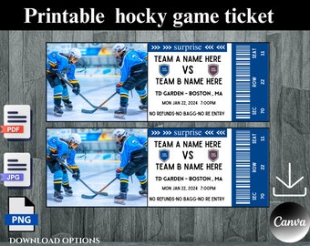 Surprise Hockey Game Ticket,  Printable Sport Surprise Ticket,  Hockey Surprise Ticket,  Printable Hockey Ticket, Sports Lover Gift