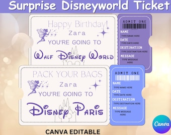 Editable Surprise Disneyworld Ticket, Surprise Reveal Ticket Gift, Disney World Trip, Birthday Gift, Theme Park Ticket, Canva Template
