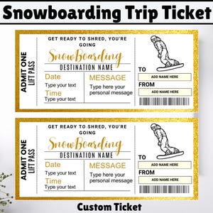Snowboarding Surprise Trip Tickets, You're Going Snowboarding, Vacation Ticket, Boarding Pass, Snowboarding Trip Coupon,  Canva Editable
