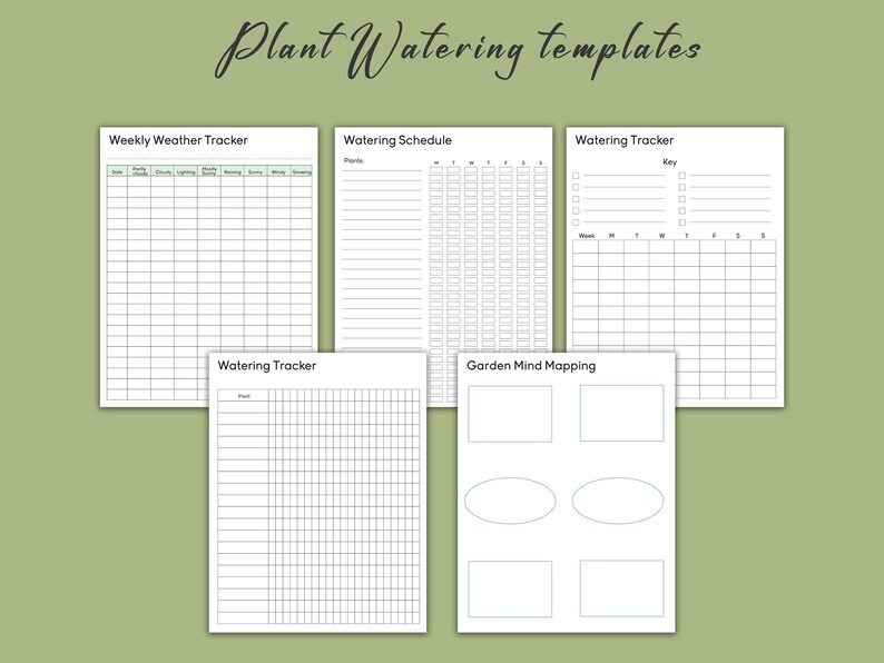May include: Five printable plant watering templates, including a weekly weather tracker, watering schedule, watering tracker, and garden mind mapping. The templates are black and white with green accents.
