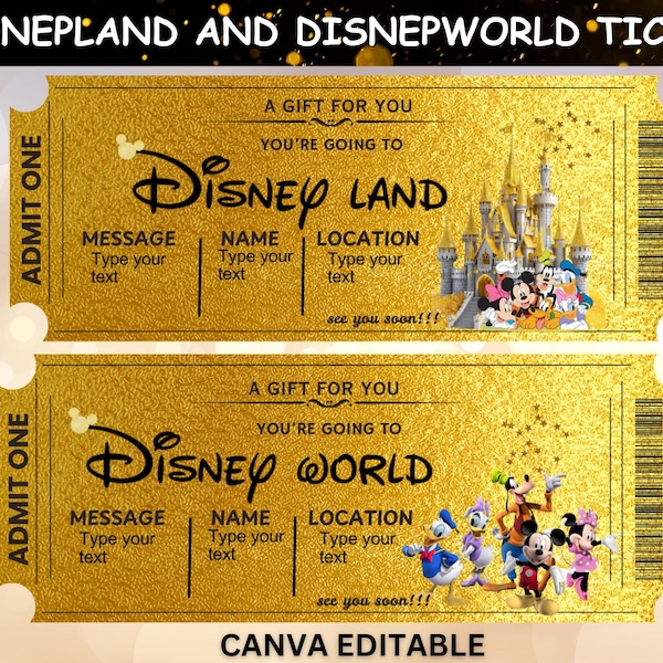 Disneyland und Disneyworld Ticket, Disneyworld Geschenkkarte, Disneyland Überraschungskarte, Sofort Download, Canva Bearbeitbar