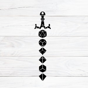 May include: Black and white silhouette of a sword made of dice. The sword is made up of a d20, d12, d10, d8, d6, d4, and a d20.