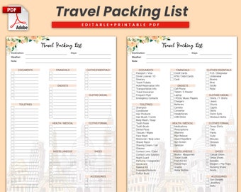 Editable Travel Packing List, Travel Packing List Printable, Packing Checklist, Travel Organizer, Packing List Editable, Travel Planner