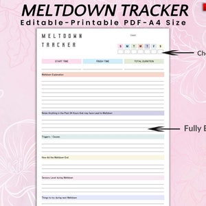 Editable Meltdown Tracker, Meltdown and behaviour tracker templates, Morning Meltdown Tracker, Printable Meltdown Tracker