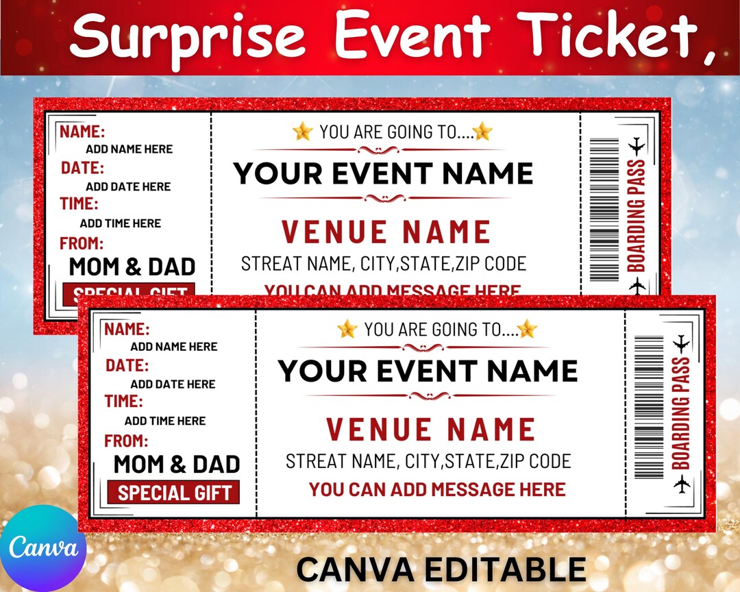 Editable Surprise Event Ticket, Printable Gift Ticket, Surprise Coupon ...