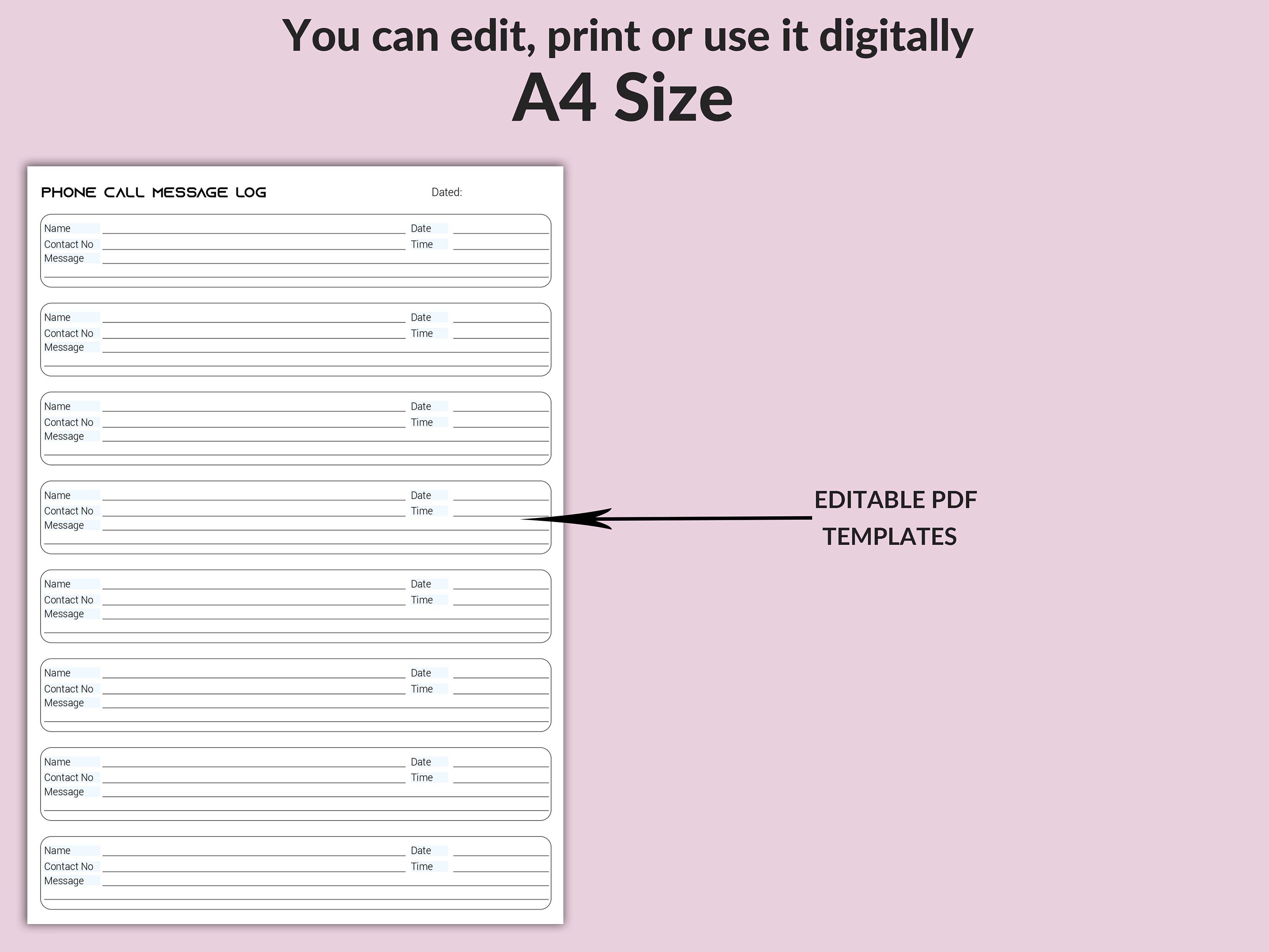 Editable and Printable Phone Message Log, Phone Call Message Log ...