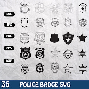Peut inclure: Un ensemble de 35 designs de badges de police SVG en noir et blanc. Les badges présentent diverses formes, notamment des étoiles, des boucliers et des cercles. Certains badges incluent du texte tel que "Police", "Sheriff" et "Deputy".