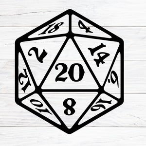 Può includere: Dado nero a venti facce con numeri da 1 a 20. Il dado è una forma geometrica con facce triangolari e bordi arrotondati. I numeri sono in un carattere in grassetto e stilizzato.
