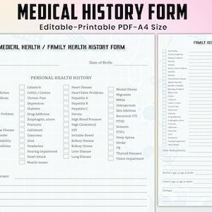 Editable Medical History Form, Family Medical History Form , Medical Record, Personal Health History, Medical Health, Family Health History