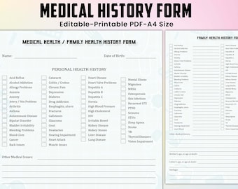 Editable Medical History Form, Family Medical History Form , Medical Record, Personal Health History, Medical Health, Family Health History