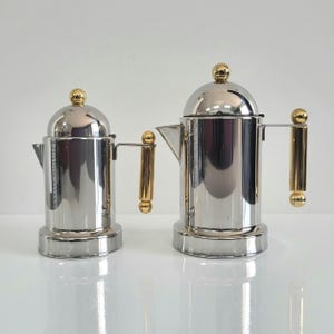 Vintage Vev Vigano Kontessa Stainless Espresso Coffee Pot and Milk Creamer Jug Set with Gold Accents