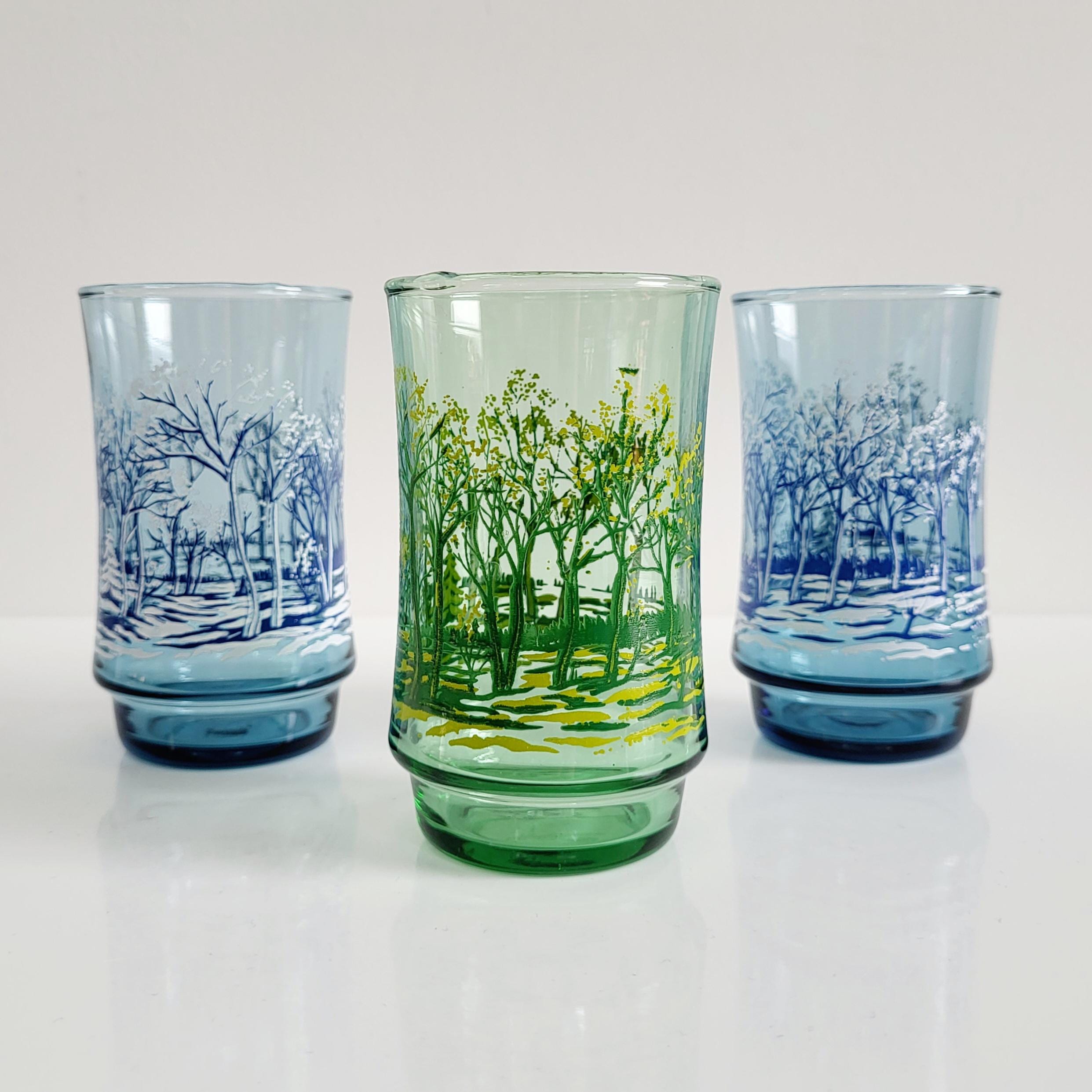 Vintage Juice Glasses | Libbey St Clair Woodland Tree Design Glasses  | Collectible Set of 3 Blue Green Retro Drinkware