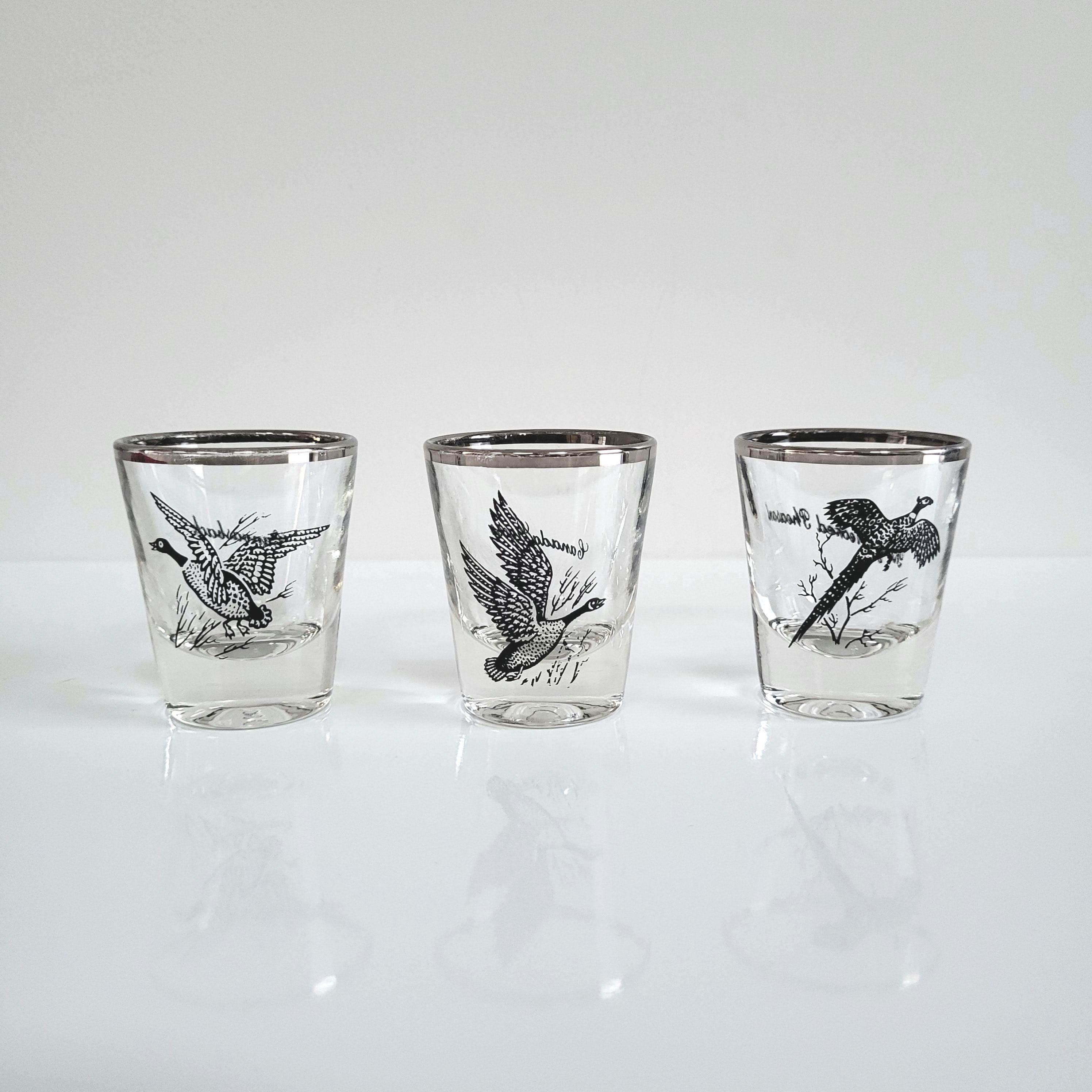 Federal Glass Bird Shot Glass Set of 3 | MCM Silver Rimmed Drinkware | Vintage Wild Bird Bar Pheasant Goose Canvasback