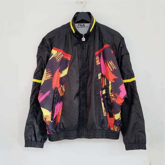 Fila Sport Batwing Windbreaker Jacket: Vintage 1990s Black Nylon