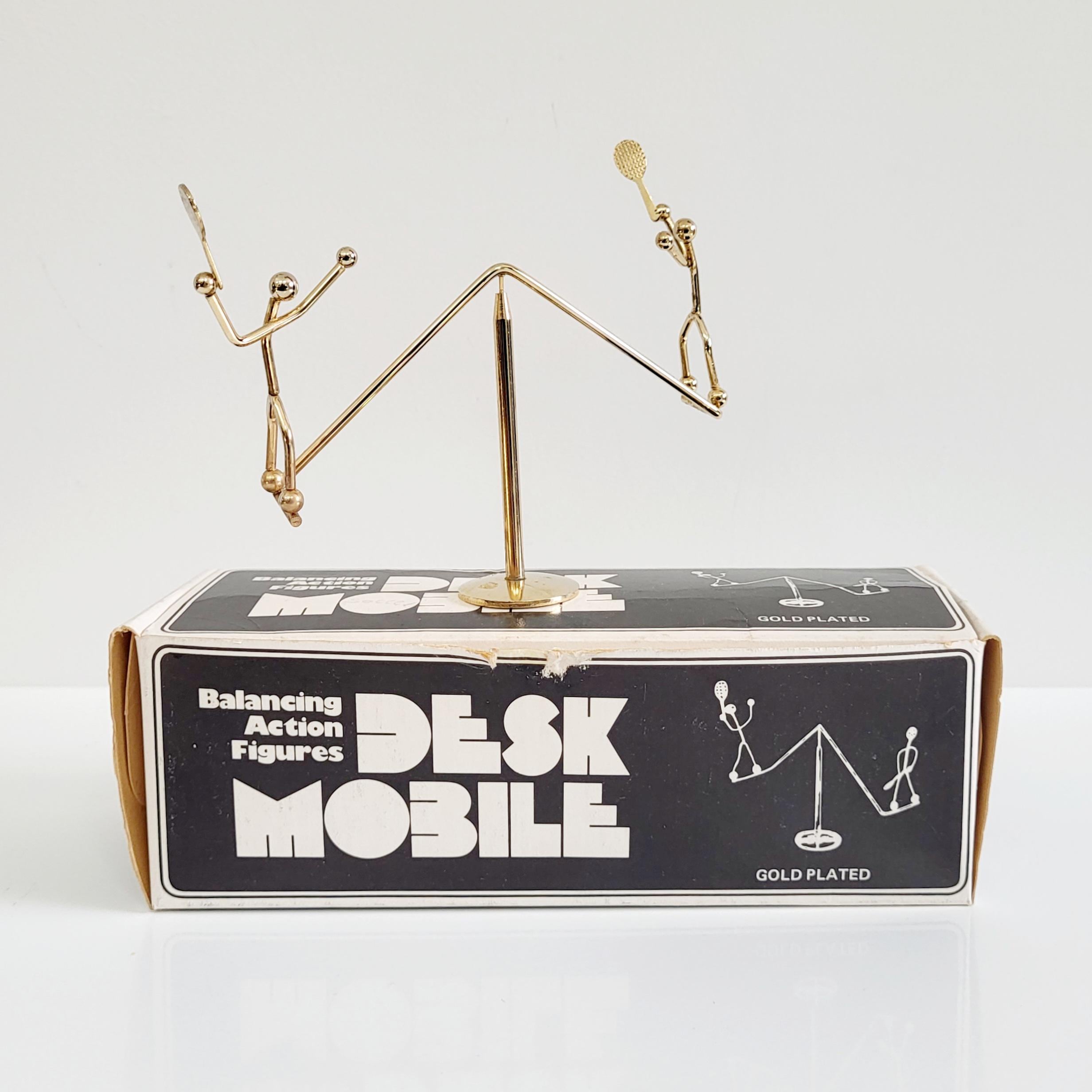 Vintage Sport Balancing Desk Mobile Gold Plated | Mid Century Kinetic Executive Toy | Stick Figure Ski Golf Baseball Soccer Tennis Hockey
