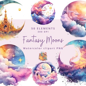 Watercolor Moon Clipart Bundle: Dreamy Fantasy Art (PNG Digital Download)