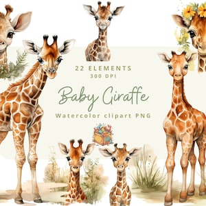 22 Baby Giraffe Aquarell Clipart, niedliche Giraffe Baby-Dusche-Grafik, Giraffe sofortige png, Kinderzimmer Dekor Wandkunst, Zoo Tier