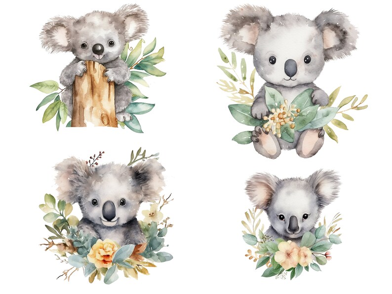 8 Koalas Watercolor Clipart, Cute Koala Baby Shower Graphics, Koala