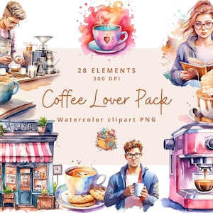 Watercolor Coffee Clipart Bundle: 28 PNG Elements (Digital Download)