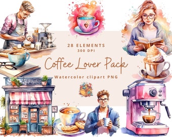 Watercolor Coffee Clipart Bundle: 28 PNG Elements (Digital Download)