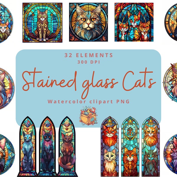 32 Stained Glass Cats clipart, stained glass clipart, Cats clipart, Printable Cat Sunsnatcher, instant download, PNG